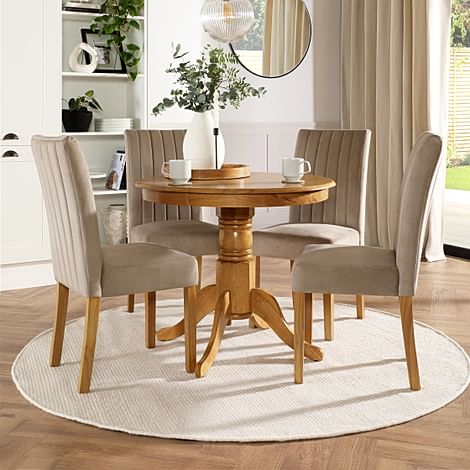 Kingston Round Dining Table & 4 Salisbury Chairs, Natural Oak Finished Solid Hardwood, Champagne Classic Velvet, 90cm