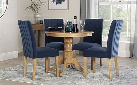 Kingston Round Dining Table & 4 Salisbury Chairs, Natural Oak Finished Solid Hardwood, Blue Classic Velvet, 90cm