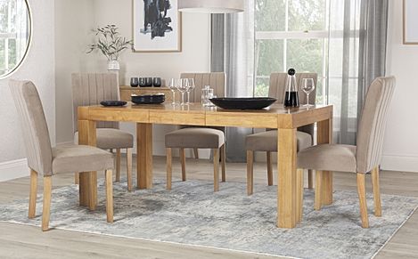 Cambridge Extending Dining Table & 6 Salisbury Chairs, Natural Oak Veneer & Solid Hardwood, Champagne Classic Velvet & Natural Oak Finished Solid Hardwood, 125-170cm