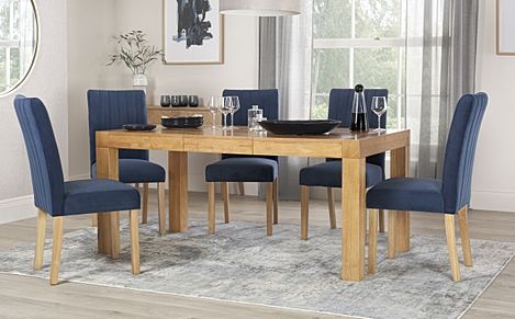 Cambridge 125-170cm Oak Extending Dining Table with 6 Salisbury Blue Velvet Chairs