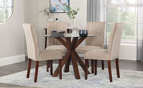 Hatton Round Dining Table & 4 Salisbury Chairs, Glass & Dark Solid Hardwood, Champagne Classic Velvet, 100cm