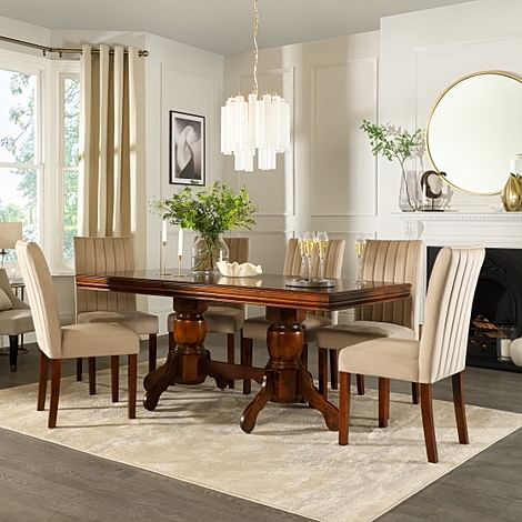 Chatsworth Extending Dining Table & 4 Salisbury Chairs, Dark Solid Hardwood, Champagne Classic Velvet, 150-180cm