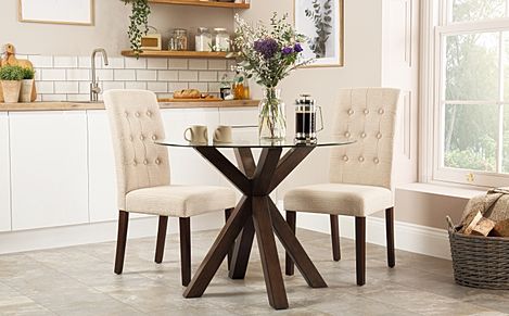 Hatton Round Dark Wood and Glass Dining Table with 2 Regent Oatmeal Fabric Chairs