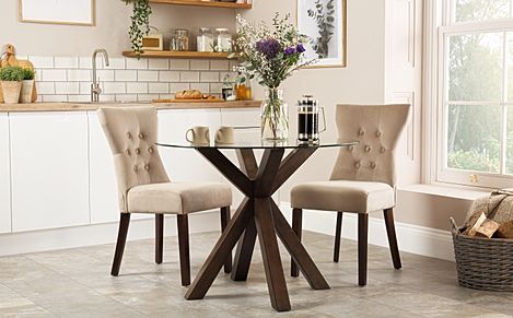 Hatton Round Dining Table & 2 Bewley Chairs, Glass & Dark Solid Hardwood, Champagne Classic Velvet, 100cm