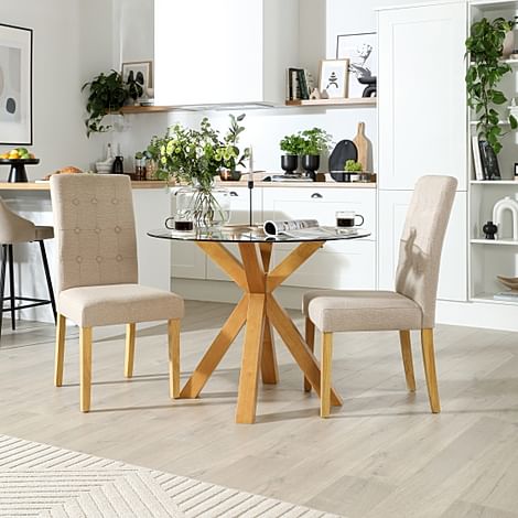 Hatton Round Dining Table & 2 Regent Chairs, Glass & Natural Oak Finished Solid Hardwood, Oatmeal Classic Linen-Weave Fabric, 100cm