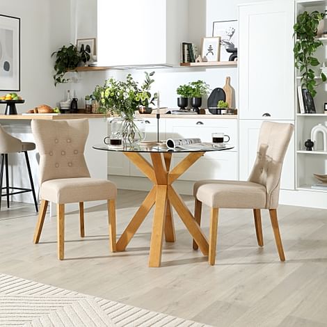 Hatton Round Dining Table & 2 Bewley Chairs, Glass & Natural Oak Finished Solid Hardwood, Oatmeal Classic Linen-Weave Fabric, 100cm