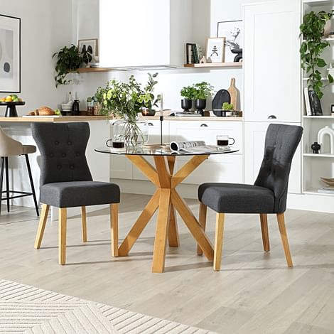 Hatton Round Dining Table & 2 Bewley Chairs, Glass & Natural Oak Finished Solid Hardwood, Slate Grey Classic Linen-Weave Fabric, 100cm