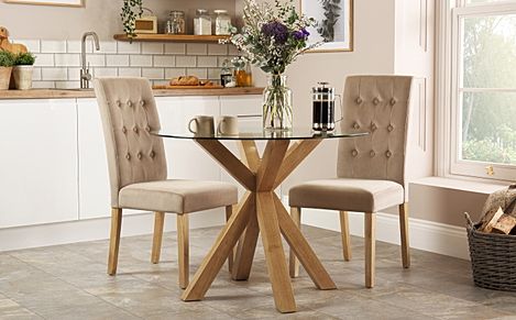 Hatton Round Dining Table & 2 Regent Chairs, Glass & Natural Oak Finished Solid Hardwood, Champagne Classic Velvet, 100cm