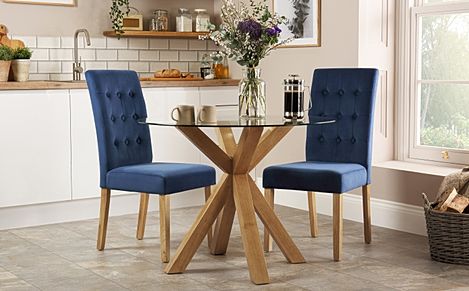 Hatton Round Dining Table & 2 Regent Chairs, Glass & Natural Oak Finished Solid Hardwood, Blue Classic Velvet, 100cm