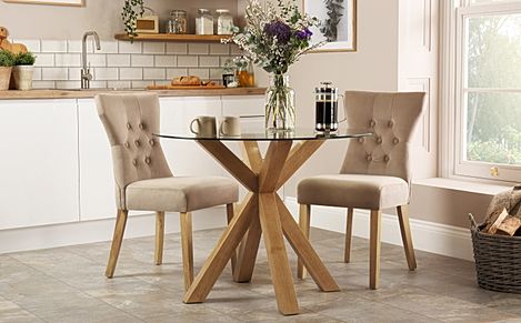 Hatton Round Dining Table & 2 Bewley Chairs, Glass & Natural Oak Finished Solid Hardwood, Champagne Classic Velvet, 100cm