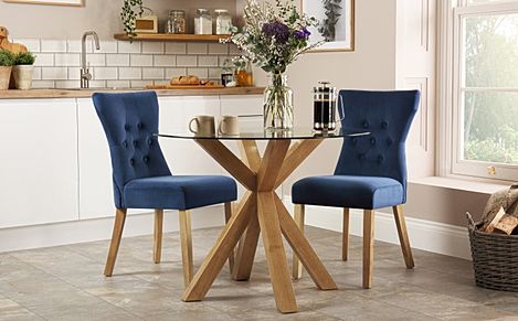 Hatton Round Dining Table & 2 Bewley Chairs, Glass & Natural Oak Finished Solid Hardwood, Blue Classic Velvet, 100cm