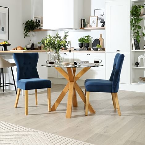 Hatton Round Dining Table & 2 Bewley Chairs, Glass & Natural Oak Finished Solid Hardwood, Blue Classic Velvet, 100cm