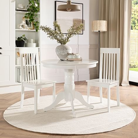 Kingston Round Dining Table & 2 Oxford Chairs, White Wood, 90cm