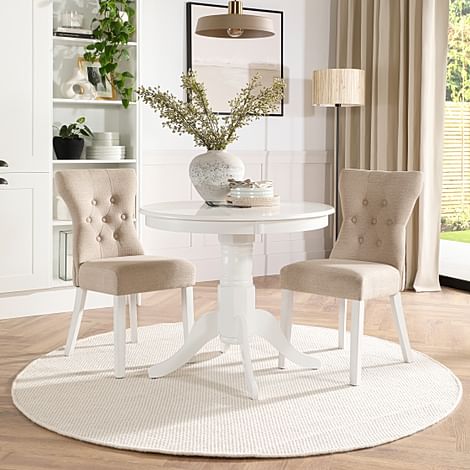 Kingston Round Dining Table & 2 Bewley Chairs, White Wood, Oatmeal Classic Linen-Weave Fabric, 90cm