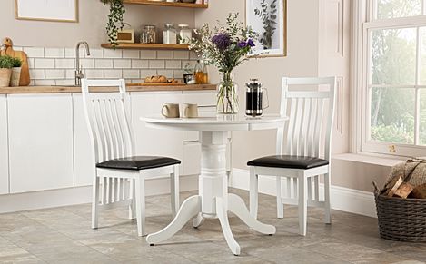 Kingston Round Dining Table & 2 Java Chairs, White Wood, Black Classic Faux Leather, 90cm