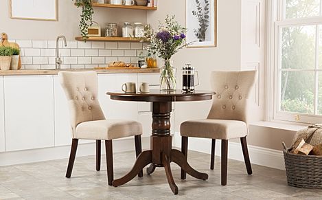 Kingston Round Dark Wood Dining Table with 2 Bewley Oatmeal Fabric Chairs
