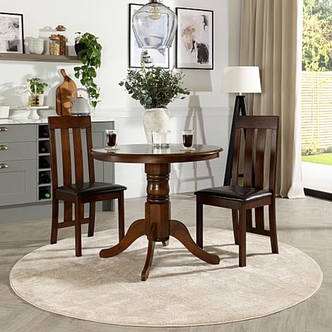 Kingston Round Dining Table & 2 Chester Chairs, Dark Solid Hardwood, Brown Classic Faux Leather, 90cm