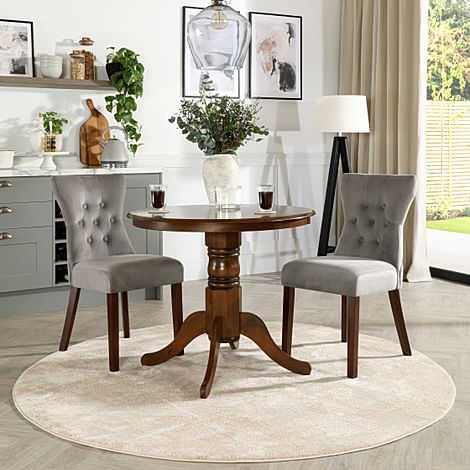 Kingston Round Dining Table & 2 Bewley Chairs, Dark Solid Hardwood, Grey Classic Velvet, 90cm