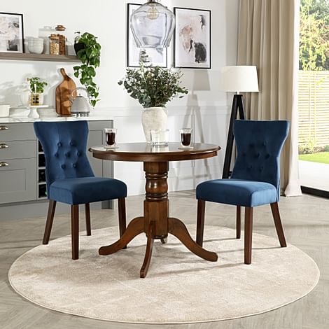 Kingston Round Dining Table & 2 Bewley Chairs, Dark Solid Hardwood, Blue Classic Velvet, 90cm