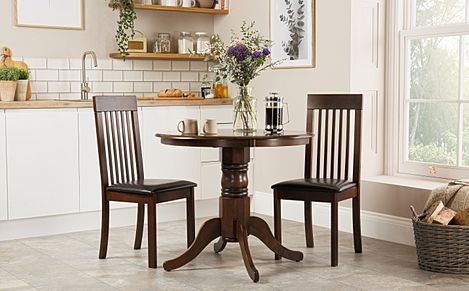 Kingston Round Dark Wood Dining Table with 2 Oxford Chairs (Brown Leather Seat Pads)