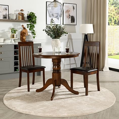 Kingston Round Dining Table & 2 Oxford Chairs, Dark Solid Hardwood, Brown Classic Faux Leather, 90cm