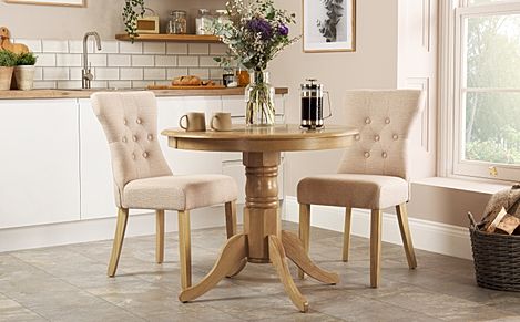 Kingston Round Dining Table & 2 Bewley Chairs, Natural Oak Finished Solid Hardwood, Oatmeal Classic Linen-Weave Fabric, 90cm