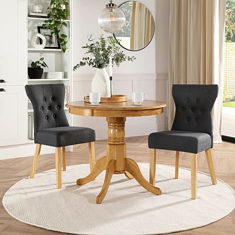 Kingston Round Dining Table & 2 Bewley Chairs, Natural Oak Finished Solid Hardwood, Slate Grey Classic Linen-Weave Fabric, 90cm