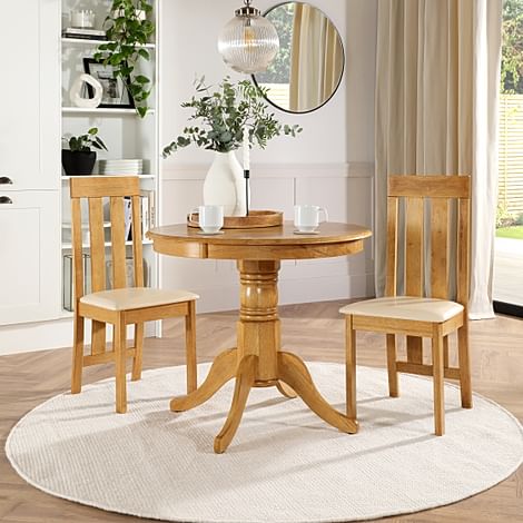 Kingston Round Dining Table & 2 Chester Chairs, Natural Oak Finished Solid Hardwood, Ivory Classic Faux Leather, 90cm