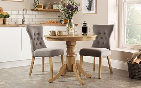 Kingston Round Oak Dining Table with 2 Bewley Grey Velvet Chairs