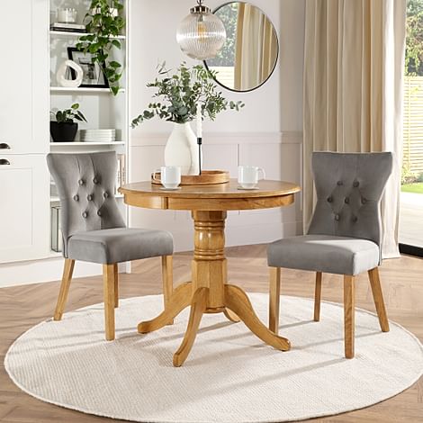 Kingston Round Dining Table & 2 Bewley Chairs, Natural Oak Finished Solid Hardwood, Grey Classic Velvet, 90cm