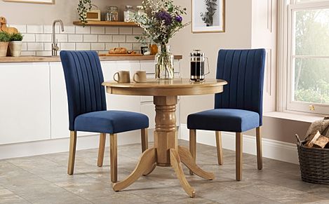 Kingston Round Dining Table & 2 Salisbury Chairs, Natural Oak Finished Solid Hardwood, Blue Classic Velvet, 90cm