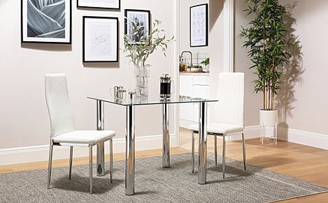 Nova Square Dining Table & 2 Leon Chairs, Glass & Chrome, White Classic Faux Leather, 90cm