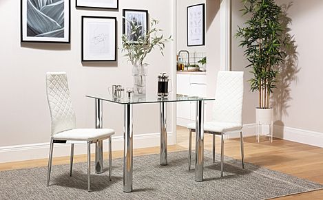 Nova Square Dining Table & 2 Renzo Chairs, Glass & Chrome, White Classic Faux Leather, 90cm