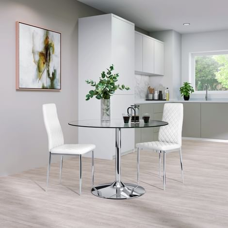 Orbit Round Dining Table & 2 Renzo Chairs, Glass & Chrome, White Classic Faux Leather, 110cm