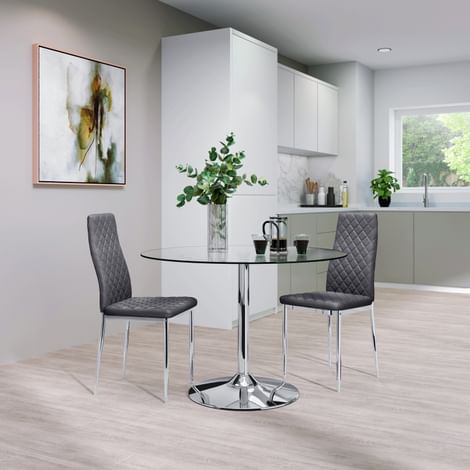 Orbit Round Chrome and Glass Dining Table with 2 Renzo Grey Leather Chairs