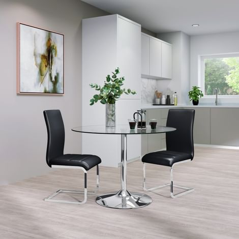 Orbit Round Chrome and Glass Dining Table with 2 Perth Black Leather Chairs