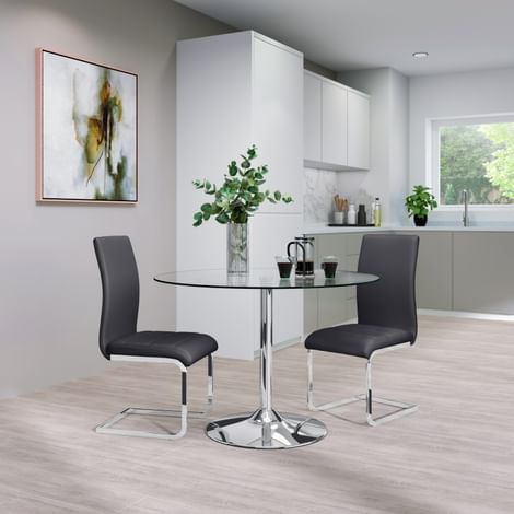 Orbit Round Chrome and Glass Dining Table with 2 Perth Grey Leather Chairs