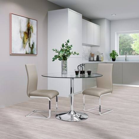 Orbit Round Chrome and Glass Dining Table with 2 Perth Stone Grey Leather Chairs