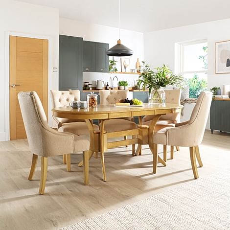 Townhouse Oval Extending Dining Table & 4 Duke Chairs, Natural Oak Finished Solid Hardwood, Oatmeal Classic Linen-Weave Fabric, 150-180cm