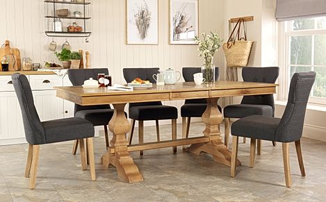 Cavendish Extending Dining Table & 4 Bewley Chairs, Natural Oak Veneer & Solid Hardwood, Slate Grey Classic Linen-Weave Fabric & Natural Oak Finished Solid Hardwood, 160-200cm