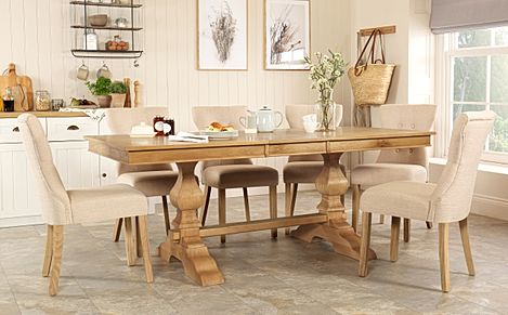 Cavendish Extending Dining Table & 4 Bewley Chairs, Natural Oak Veneer & Solid Hardwood, Oatmeal Classic Linen-Weave Fabric & Natural Oak Finished Solid Hardwood, 160-200cm