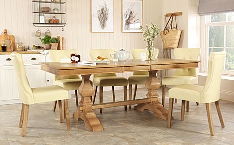 Cavendish Oak Extending Dining Table with 6 Bewley Ivory Leather Chairs