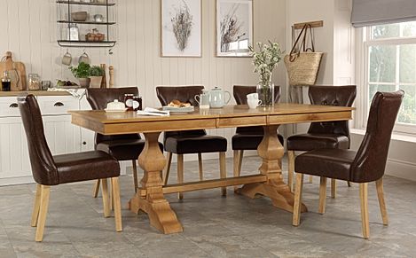 Cavendish Oak Extending Dining Table with 6 Bewley Club Brown Leather Chairs