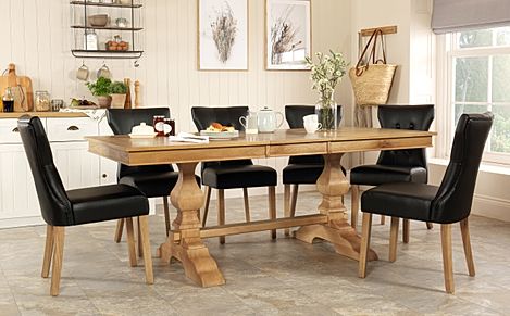 Cavendish Oak Extending Dining Table with 6 Bewley Black Leather Chairs