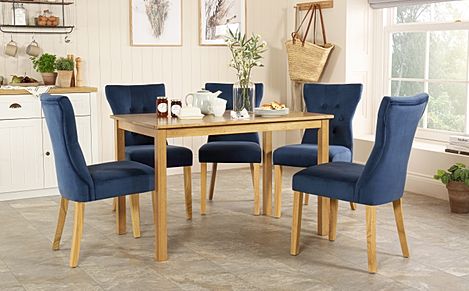 Milton Dining Table & 4 Bewley Chairs, Natural Oak Finished Solid Hardwood, Blue Classic Velvet, 120cm