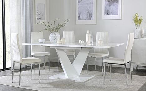 Turin White High Gloss Extending Dining Table with 8 Leon White Leather Chairs