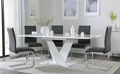 Turin White High Gloss Extending Dining Table with 8 Perth Grey Leather Chairs
