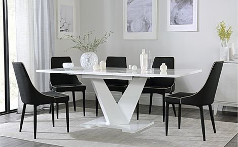 Turin White High Gloss Extending Dining Table with 8 Modena Black Fabric Chairs
