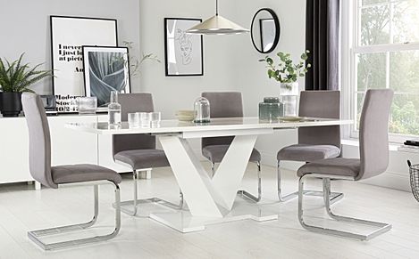 Turin White High Gloss Extending Dining Table with 8 Perth Grey Velvet Chairs