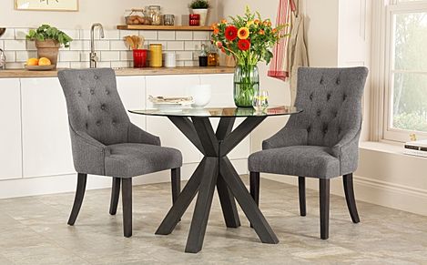 Hatton Round Grey Wood and Glass Dining Table with 2 Duke Slate Fabric Chairs